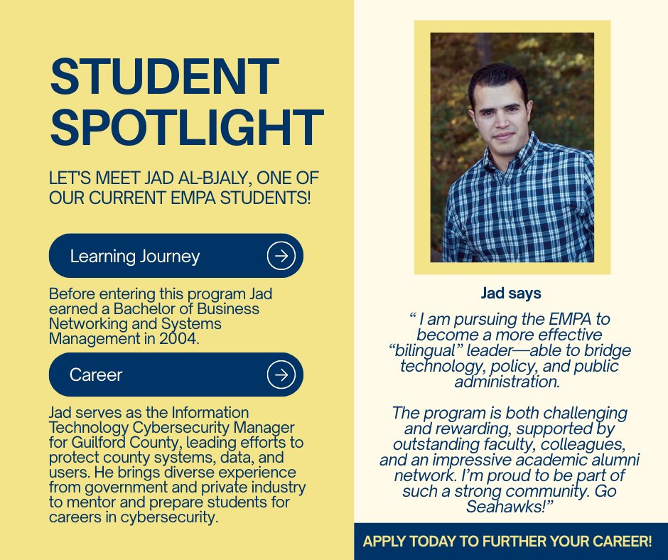 UNCWMPA's tweet photo. Say hello to Jad, a proud EMPA student shaping the future of public leadership. https://t.co/WmQHZa69QP