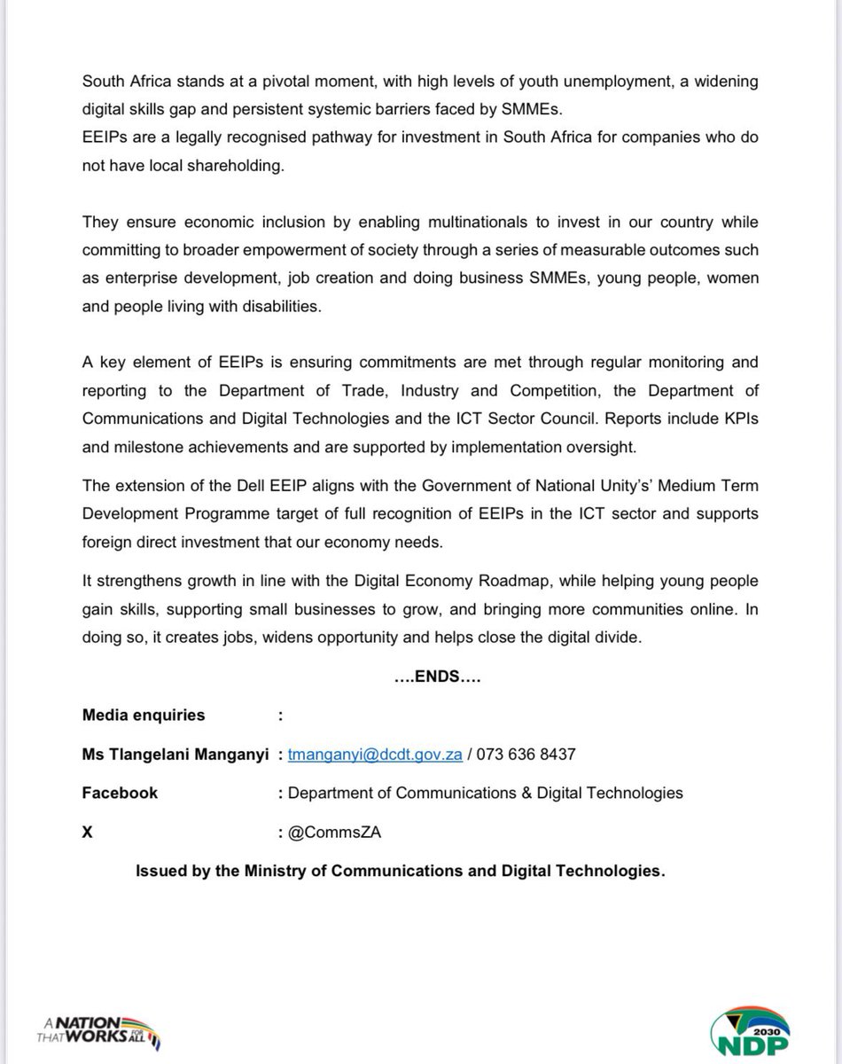 I’ve recommended the approval of Dell’s Equity Equivalent Investment Programme (EEIP) application to the Minister of Trade, Industry and Competition, Parks Tau,whose Department is the final arbiter for EEIPs.
The recommendation follows an assessment by the <a href="/CommsZA/">Dept of Communications & Digital Technologies</a> of Dell’s