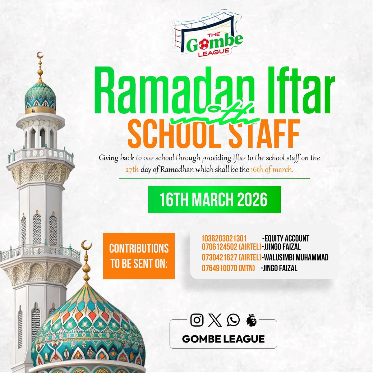 Born2win2020's tweet photo. This Ramadhan, we’re honored 2 host an Iftar dinner 4 the staff of @followgombess on March 16th at the school premises. 
​ey spent yrs correcting our paths,  nw we get to share a meal as colleagues in the real world. A small thank u to the architects of our futures #GoldenPosts https://t.co/yk0p28rybo
