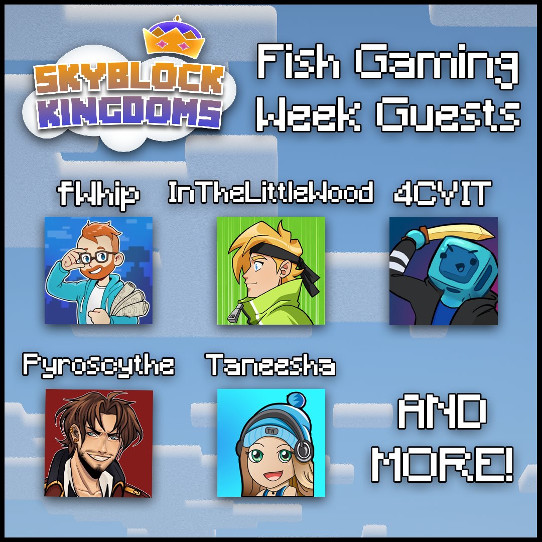 SBKsmp's tweet photo. SBK is getting ready to host some lovely guests for first Fish Gaming Week! Here's a sneak preview at some of the faces you'll see join us this Wednesday at 1pm est!:
@Failwhip 
@InTheLittleWood 
@4_cvit 
@ttvpyroscythe 
@taneeshahogan 
and more... https://t.co/gFoKF0M9E6