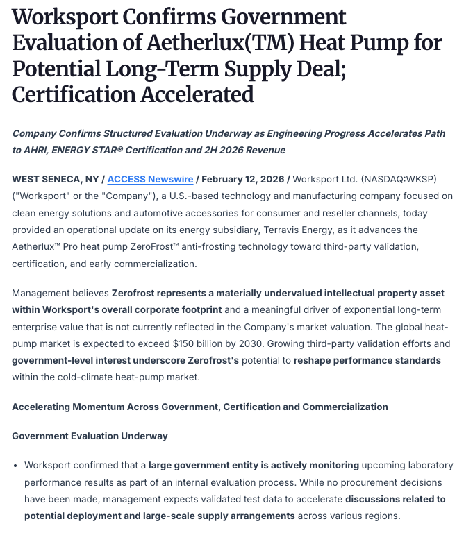 og_tigress's tweet image. $WKSP #advertisement

Less than 2 weeks ago, Worksport confirmed a government evaluation and certification acceleration of the Aetherlux™ heat pump for a potential long-term supply deal. What this will bring is a path to AHRI, Energy Star Certification and the second half of