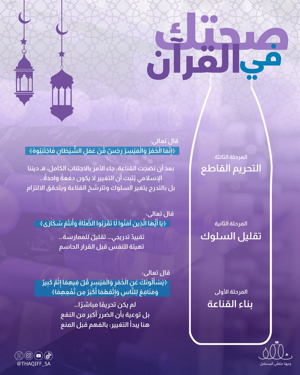 صــحــتــك فــي الــقــرآن 🌙💜

حُرِّم الخمر وهو في الأصل مباح، أكان قرارًا مفاجئًا… أم أن وراءه سرًّا في صناعة التغيير؟

قصة التحريم لم تكن مرحلة واحدة…
لنكتشف القصة كاملة معنًا

#صحتك_في_القرآن