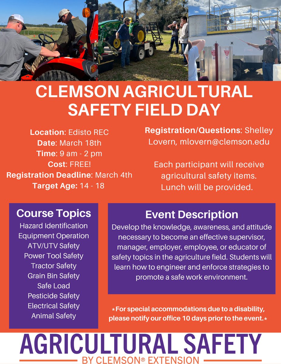 ClemsonAgSafety's tweet photo. Calling all ag teachers! Sign-ups for our Pee Dee REC and Edisto REC Ag Safety Field Days close in a week! Don't miss out on this great opportunity!

Pee Dee REC Sign-Up: https://t.co/R4rL77lWMs

Edisto REC Sign-Up: https://t.co/Rbett0Do2b https://t.co/ZNo5MMGh5K