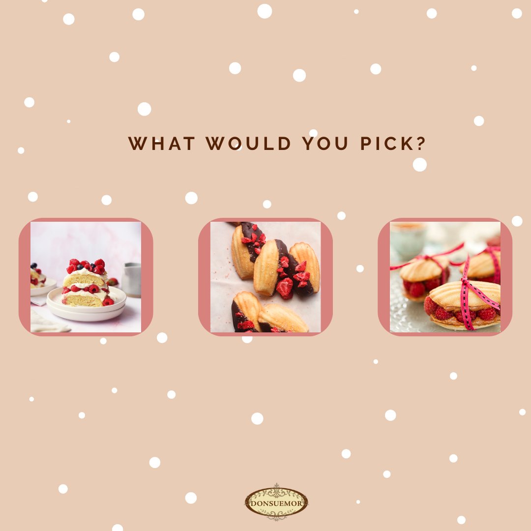 Donsuemor's tweet photo. Craving a little sweetness? 🍓🍫

1. Berry Madeleines Tiramisu
2. Dark Chocolate &amp; Strawberry Dipped Madeleines
3. Dulce de Leche Shortcakes

Which one’s calling your name? 

#Donsuemor #Madeleines #Cookies #TreatYourself #Treats #Recipe #NewRecipe  #Tea #Cakes https://t.co/vSeKZaKS07