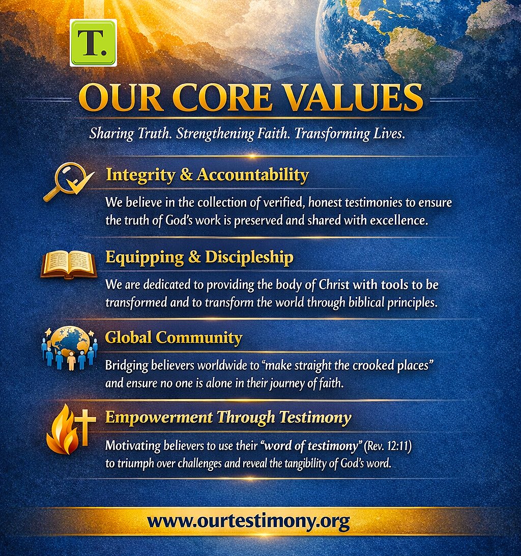 Sharing Truth. Strengthening Faith. Transforming Lives. ✨

Our core values guide everything we do as we bridge believers worldwide and empower the body of Christ through the power of testimony. 🌍🙌

Learn more at: ourtestimony.org
