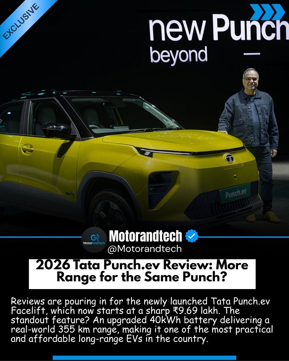 Motorandtech's tweet image. Tata Punch.ev 2026: More Range, Same Punch? ⚡🚗

Starting ₹9.69 lakh, the updated Punch.ev delivers 355 km real-world range with a 40kWh battery — practical &amp;amp; powerful.

#Motorandtech #TataPunchEV #EVReview #AutoTech #ElectricIndia #CarUpdate