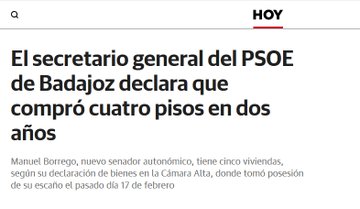El Secretario General del PSOE de Badajoz, y también nuevo senador, declara que compró cuatro pisos en dos años.
Vergonzoso cuando miles de jóvenes y de trabajadores no tienen acceso a una vivienda por la especulación y los altos precios.