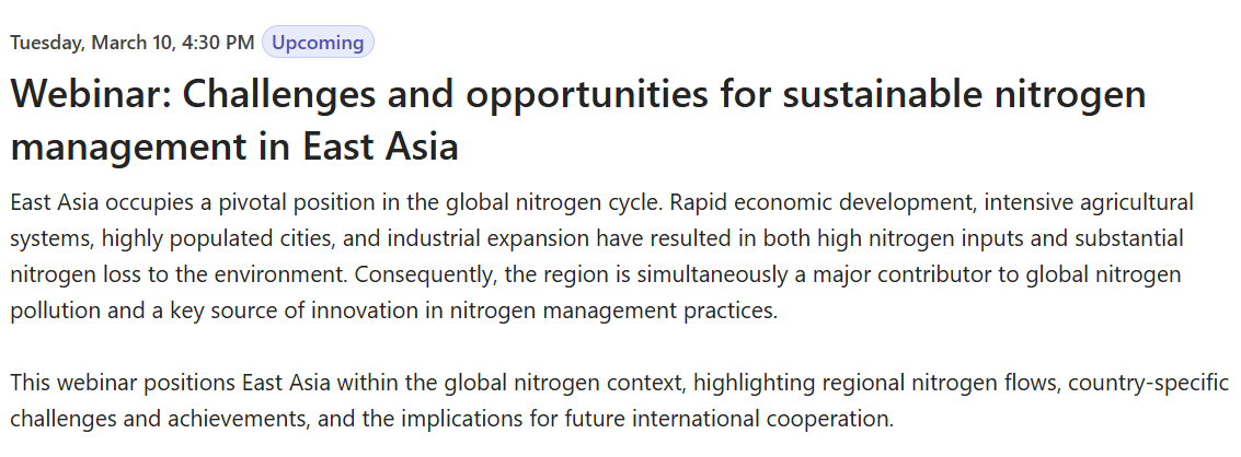 TariqAz26045629's tweet photo. GPNM Webinar Series "Challenges and opportunities for Sustainable Nitrogen Management in East Asia" 
@TowardsINMS @UNEP #GPNM @INI_Global @CIWF_Global @MarkNitrogen 
10th March, 1430-1600 Nairobi Times.

Please register to join. 
https://t.co/27USxWkc9Y https://t.co/QBrjXNNYqe