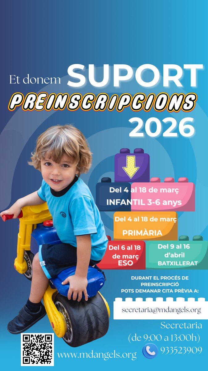 _mdangels's tweet photo. Del 4 al 18 de març oferim acompanyament presencial per fer la Preinscripció. 
Tens dubtes amb el tràmit online, la documentació o els punts?
Estem al vostre costat, pas a pas 🤝
Reserva hora i evita complicacions!
⚠️ Cal CITA PRÈVIA
📞 933 52 39 09
📩 secretaria@mdangels.org https://t.co/ZaNyTp3Ccj