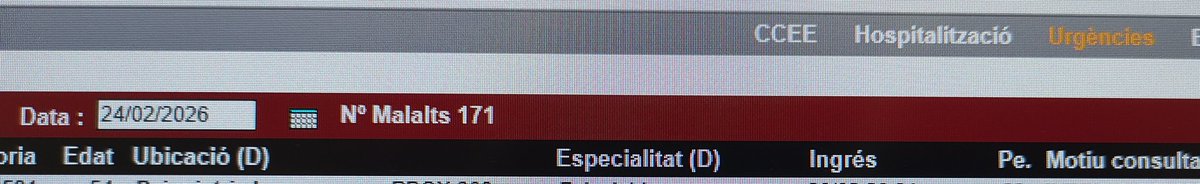 24/02/2026
171 pacients a Urgències de l'Hospital del Mar 
30 superen les 24 hores 
El més antic supera les 93 hores
Pacient de 85 anys, supere les 51 hores
84 anys, 47 hores
81 anys, 47 hores
Cap d'ells és familia de gerents i gestors de <a href="/govern/">Govern de Catalunya</a> i <a href="/salutcat/">Salut</a>