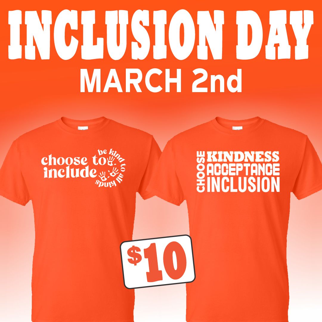 Inclusion Day is March 2nd! 
Join us in painting the county orange to kick off DD Awareness month!
Stop in to pick up an orange inclusion shirt for just $10. 

P.S. The @akronzoo is offering free admission Feb 28 - March 2nd to guests wearing orange!
@SummitDD 
#IncludeME
