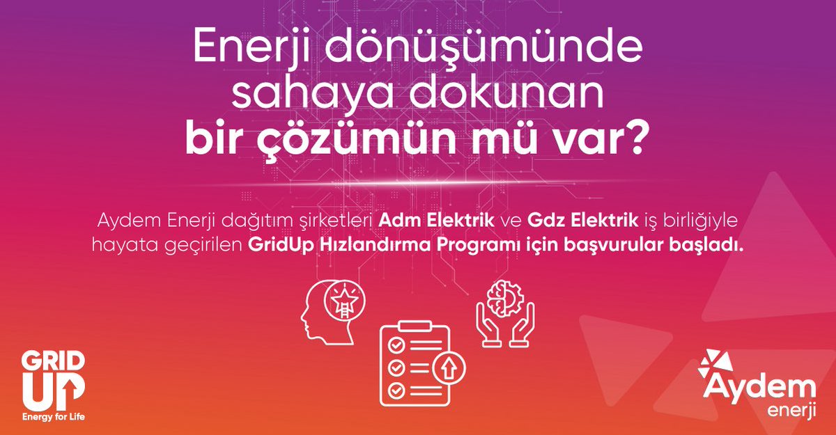 AydemEnerji's tweet photo. Elektrik dağıtım şirketlerimiz Adm Elektrik ve Gdz Elektrik iş birliğiyle hayata geçirilen GridUp Hızlandırma Programı için başvurular başladı.
Ay sonuna kadar devam edecek başvuru dönemini kaçırmayın!
#AydemEnerji #HayatİçinEnerji #GridUp https://t.co/q24bSW4rFa