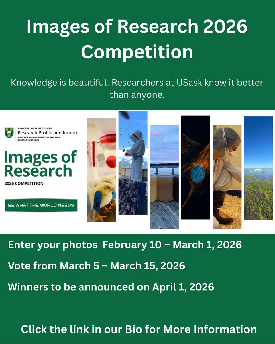 USASK_PGME's tweet photo. Images of Research 2026 Competition

Enter your photos  February 10 – March 1, 2026
Vote from March 5 – March 15, 2026
Winners to be announced on April 1, 2026

For More Information: https://t.co/AACwaD8uTD https://t.co/U7ns6WJmTi