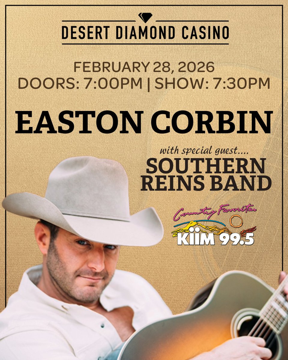 KIIM-FM Presents Easton Corbin at Desert Diamond Casino on Saturday, February 28th! 

Listen to KIIM-FM 99.5 this WEEK for a chance to win tickets! 🎧✨

On sale now at ddcaz.com!
