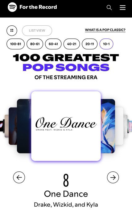 SPOTIFY 100 GREATEST POP SONGS OF THE STREAMING ERA (STAFF PICKS) 

#8. One Dance — Drake, Wizkid &amp; Kyla