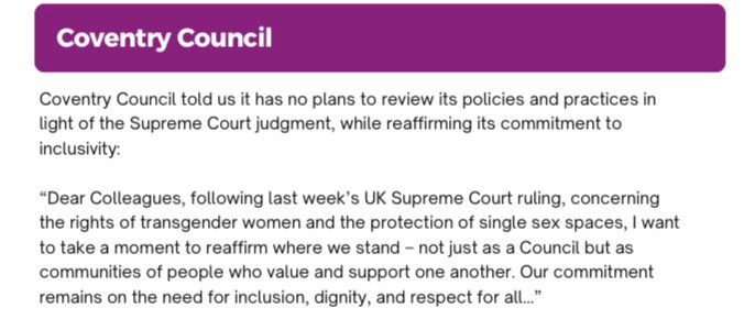The Waiting Shame
Our report has revealed a staggering level of non-compliance, ignorance and ideological capture.
Another council <a href="/coventrycc/">Coventry City Council</a> 👇 who not only seem very unbothered about the Supreme Court judgment and the need to comply with the law, but they also think that