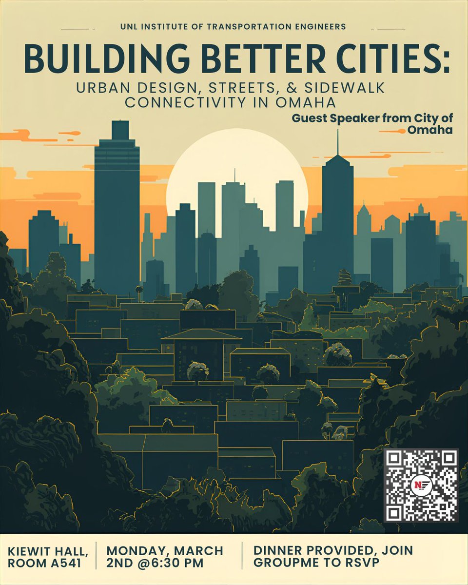 NTCInfoHighway's tweet photo. MON, MAR 2 @ 6:30PM, join UNL ITE in Kiewit Hall A541, on  for Building Better Cities: Urban Design, Streets, &amp; Sidewalk Connectivity in Omaha with a guest speaker from the City of Omaha! Dinner provided, RSVP via GroupMe: https://t.co/Qpw5duQTFD https://t.co/4vCHw3YYQz