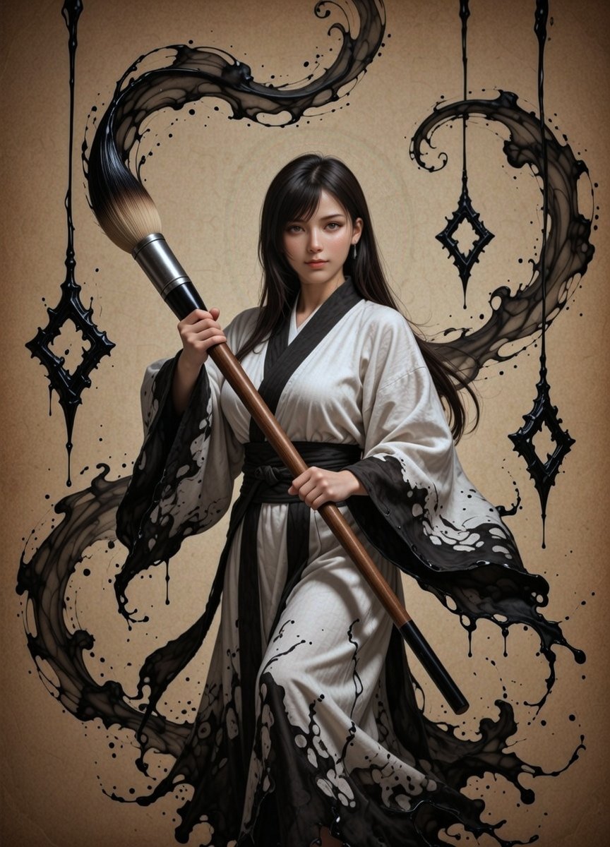 TifaDreamsAI's tweet photo. Ink sorceress awakened — giant calligraphy brush, swirling black magic, pure flow ✨🖤 https://t.co/zjlRS3WSlT