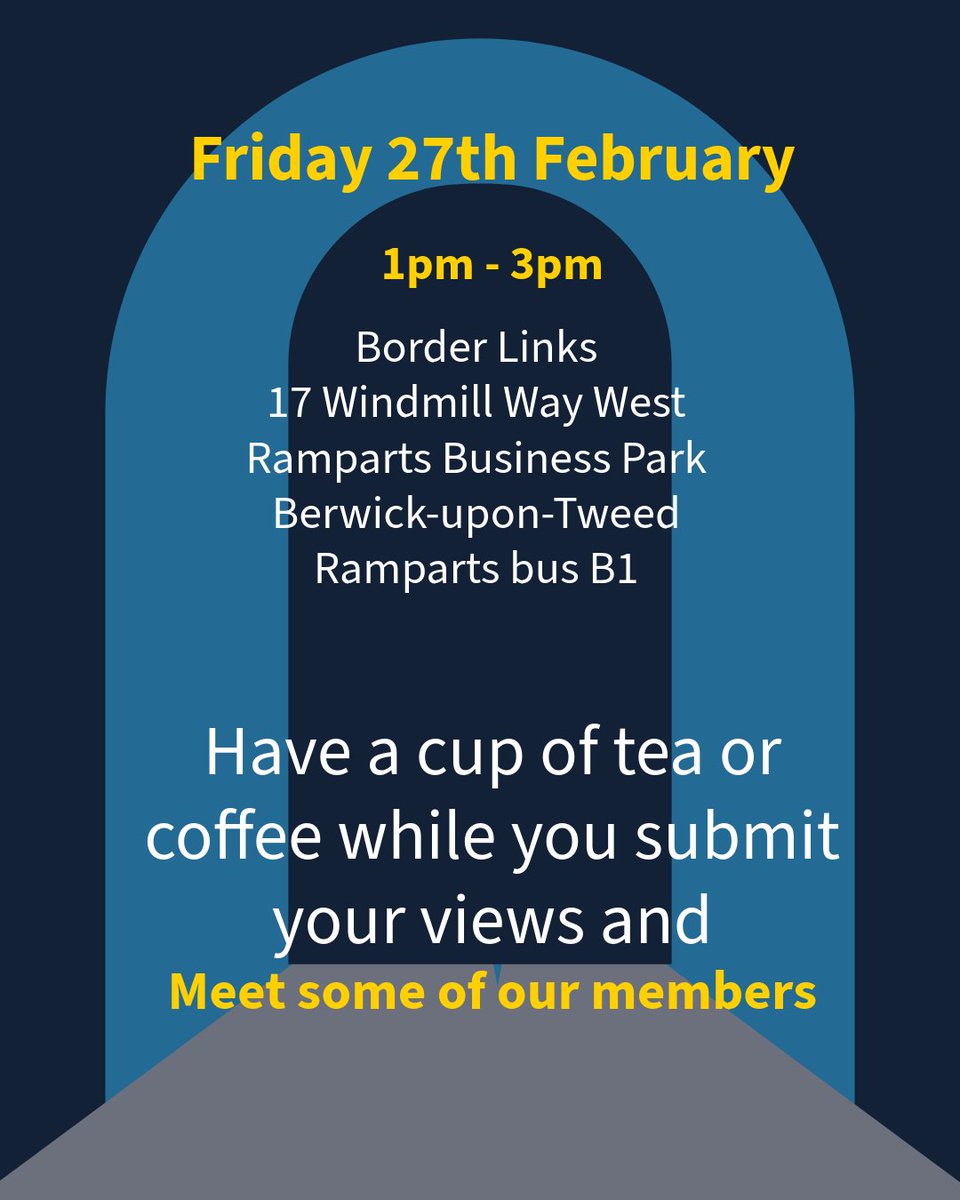 A great opportunity for our town but we need help. Give your views on why Berwick should be the 1st Town of Culture. `pop to Border Links, we're along from Galleon Vets. Our members will make a tea or coffee while you submit your views. Friday 27th Feb 1pm - 3pm
