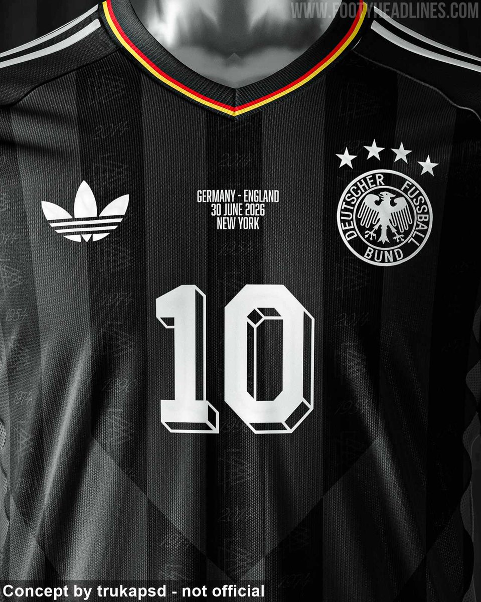 🇩🇪 Adidas is preparing a black third kit for the German national team, slated for release in the second half of 2026 after the World Cup. It may serve as a farewell shirt from Adidas, before Nike becomes the official kit. Picture below is a concept by <a href="/truksterrr/">TRUKA</a> - not official