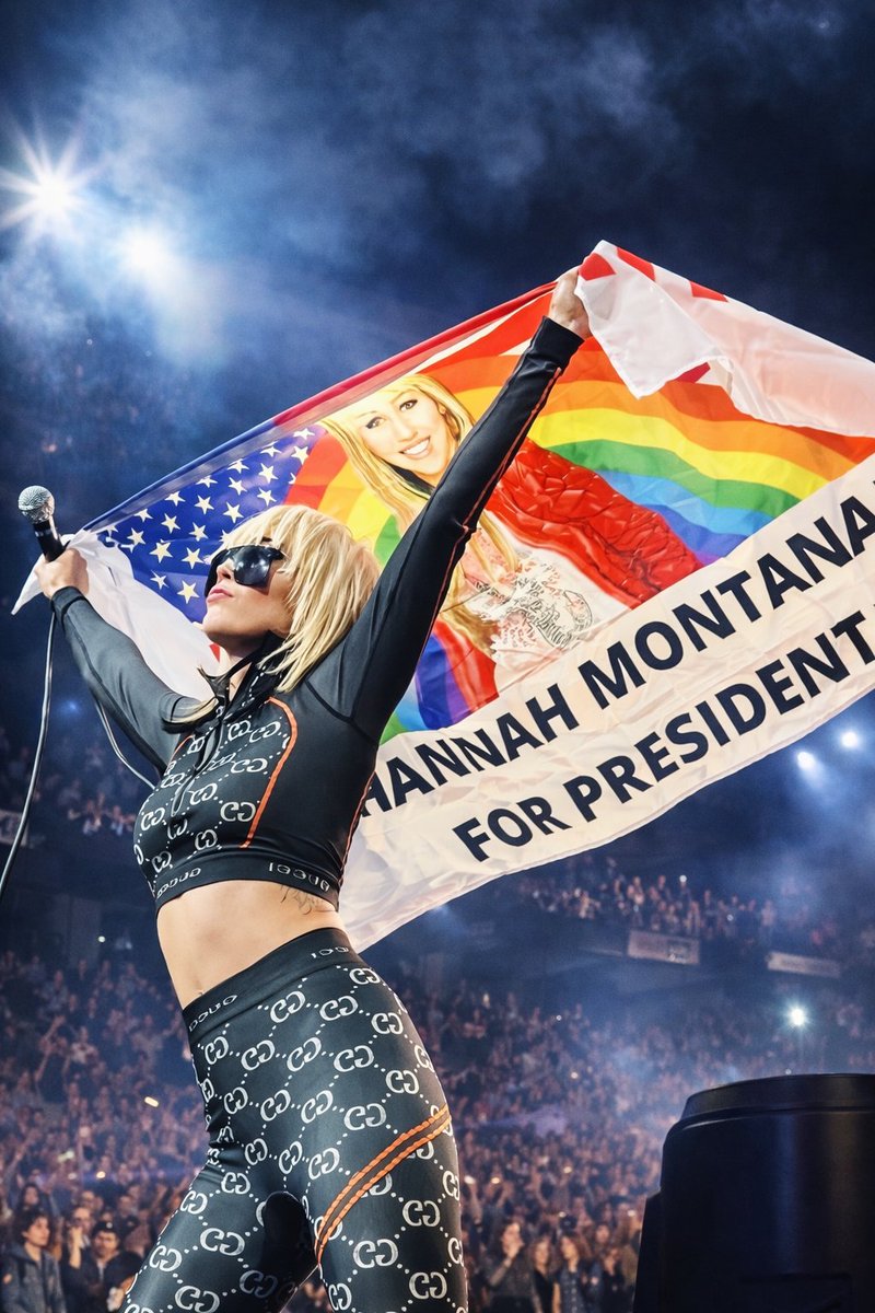 Evadivalore's tweet photo. Miley Cyrus posing with a flag that says "Hannah Montana for President" https://t.co/XUR4OZqWYG