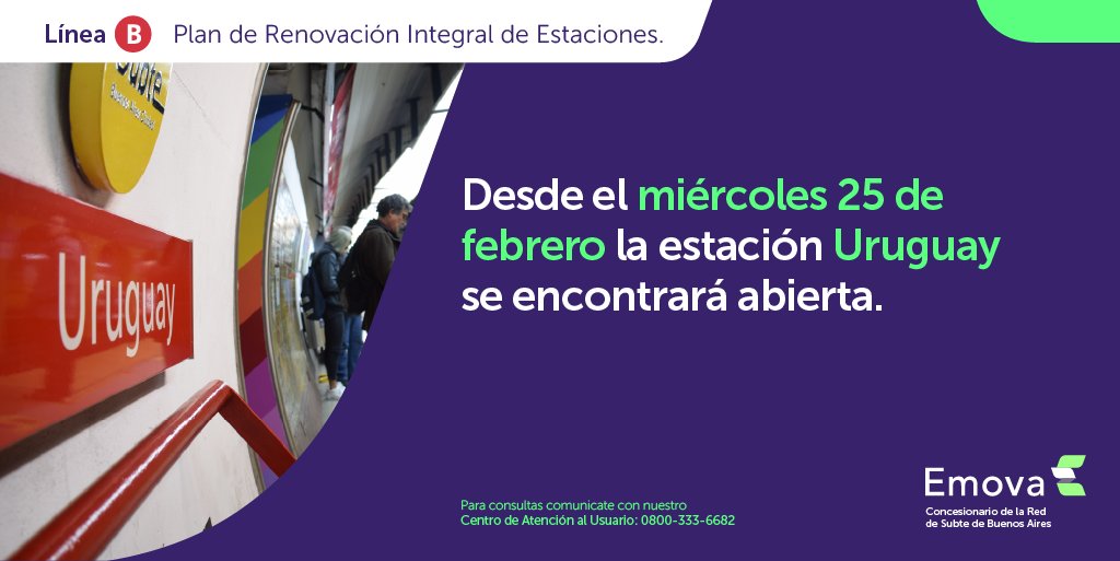 Emova_arg's tweet image. 🚨 ¡Atención usuarios!

👉 Desde este miércoles 25 de febrero, la estación Uruguay de la #LíneaB estará operativa.