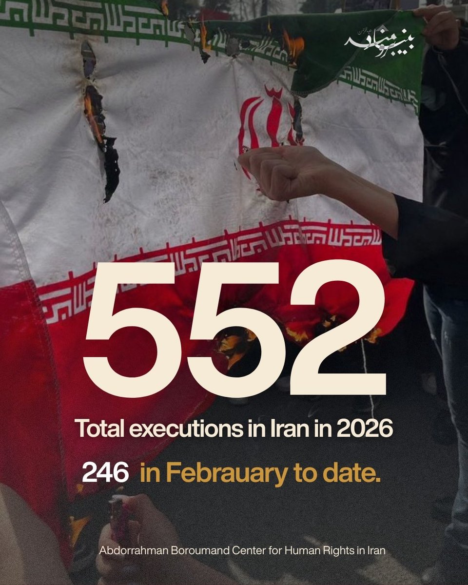 IranRights_org's tweet photo. 🔴 The Abdorrahman Boroumand Center has documented at least 552 executions carried out by the Islamic Republic so far in 2026, including 246 in February to date. At this pace, #Iran is on track to exceed last year’s number of executions - 2,105 - which was already the highest annual figure recorded since the 1980s. 

🔸This number reflects individuals executed by Iran’s deeply flawed judicial system and does not include the thousands indiscriminately killed during the recent protests.