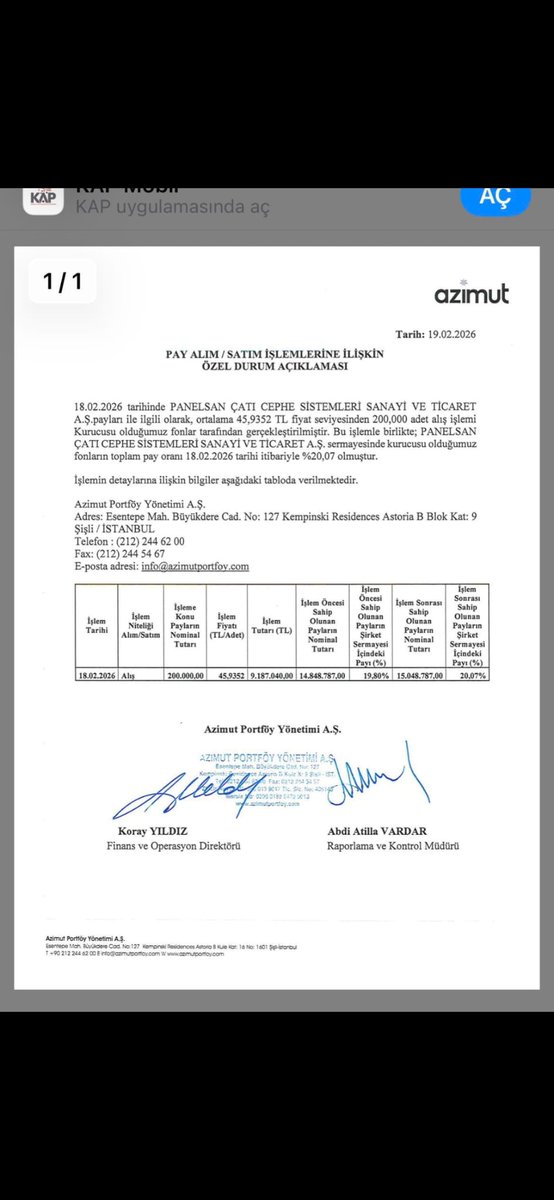 #pnlsn şimdi ilk kapın tarihine bakın 10 Temmuz 2025.... ( Öncesi var mı bakmadım bu benim hatırladığım)  Azimutun pay sahipliği o tarihte 15.048.787... pay oranı %20.07.......yani 5 gün önce gelen kapla aynı oran aynı sayıda lot... Yani 7.5 ay önce de azimut aynı orana sahipti