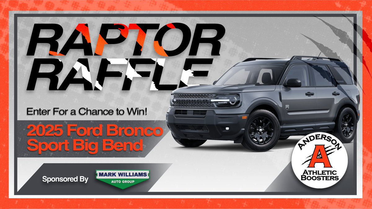Boosters_AHS's tweet photo. 📢We are excited to announce our partnership with Mark Williams Auto Group for the 1st Annual Boosters Bronco Raffle for a NEW! 2025 Ford Bronco Sport Big Bend!
Your ticket purchase is an investment in all Anderson student-athletes &amp; teams!! 
🎟https://t.co/pHTbpKATjd https://t.co/vm7yT7ZGZT