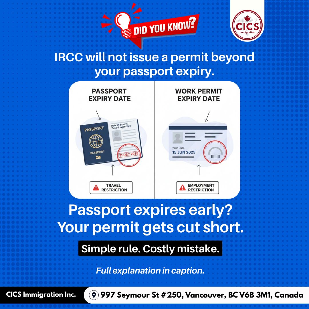Many applicants assume they’ll receive the full validity they’re eligible for — but your passport controls the timeline.

If you're applying for:
✔ PGWP
✔ Study Permit
✔ Work Permit
✔ Extension

Make sure your passport is valid.

#WorkPermit #StudyPermit #PGWP #IRCC