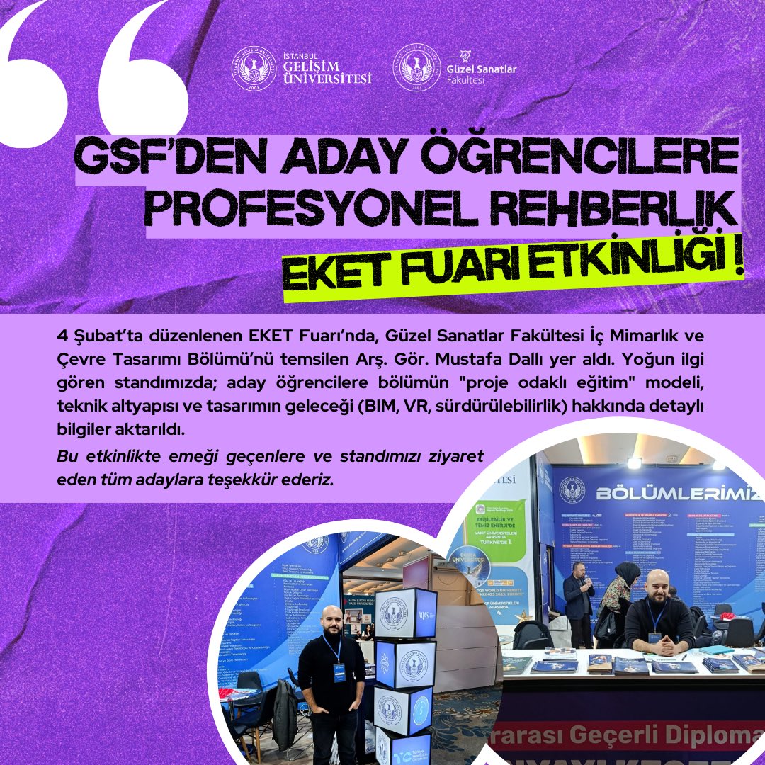İstanbul Gelişim Üniversitesi (İGÜ), Güzel Sanatlar Fakültesi (GSF), İç Mimarlık ve Çevre Tasarımı Bölümünden Arş. Gör. Mustafa Dallı EKET Üniversite Tanıtım Fuarı’na katıldı. 

#GüzelSanatlarFakültesi #FacultyofFineArts #istanbulgelisimuniversitesi #gelişimüniversitesi #igü