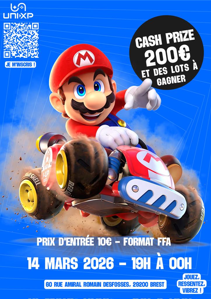 🚨 ALERTE AU TOURNOI

R.D.V Le 14 Mars de 19h à 00h00 pour un tournoi sur Mario Kart 8 Deluxe Chez UNI-XP à Brest 🏁

- 200€ de Cash Prize (et des lots)
- 10€ de ticket d'entrée 

Nourriture et boissons sont disponibles sur place. 🍻

48 slots disponibles !

#MK8 #MarioKart