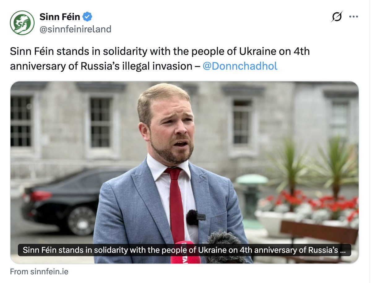This morning, Sinn Féin abstained on a vote against condemning Russian aggression against Ukraine in the European Parliament. So that's a brazen lie in their post just now. 
Sinn Féin lie, people die. It's been like that for 50 years now.