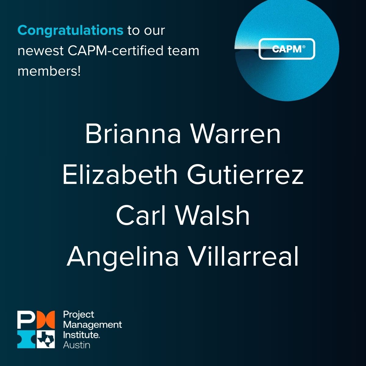 PMIATX's tweet image. 🎉 Congrats to our PMI Austin member on earning the CAPM® certification this January! 
A great milestone on the project management journey. 👏

#CAPM #PMIAustin #ProjectManagement