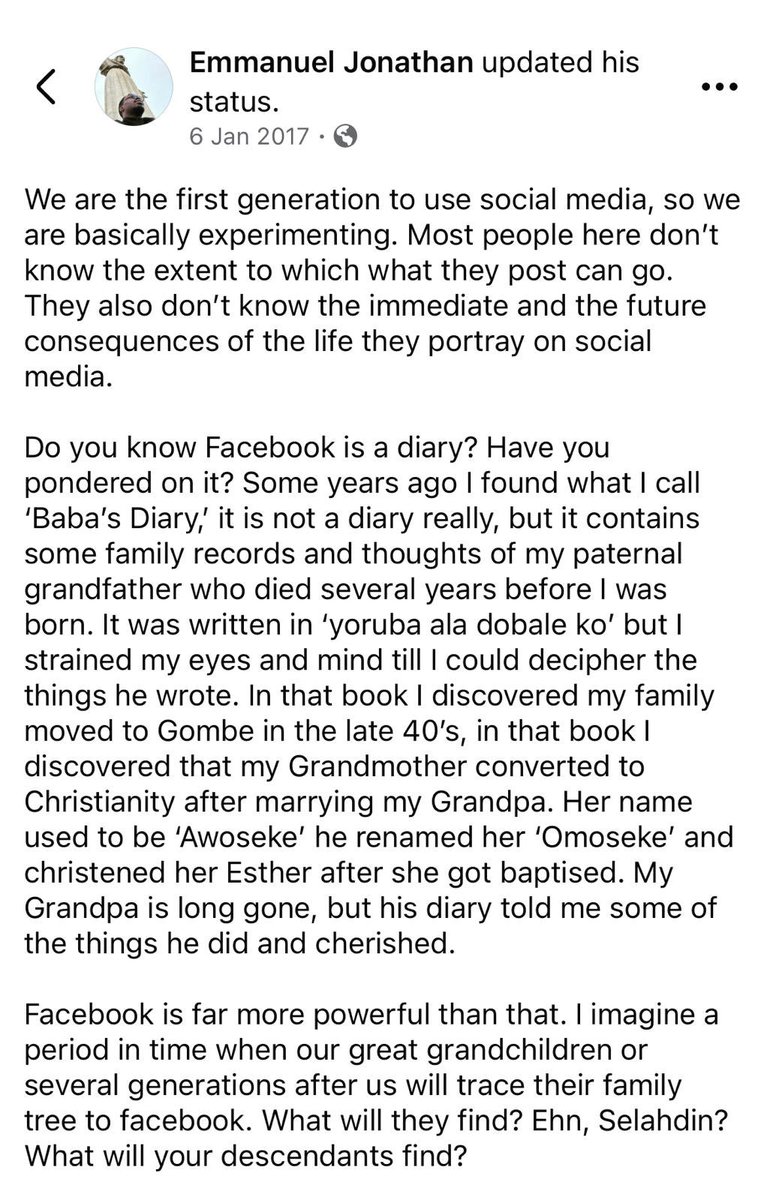emmyjonny's tweet photo. In 2017 I observed that people will say anything, just anything to trend, and as a reaction to that I wrote the post below on FB.

Everything I wrote 9 years ago is now so timely in the light of the “Simi Files.” I don’t know if she did or meant the things she wrote, we might never know…but this will even be more painful if she were only “catching cruise” back then. Whatever the case is, it is a lesson for e-dwellers.