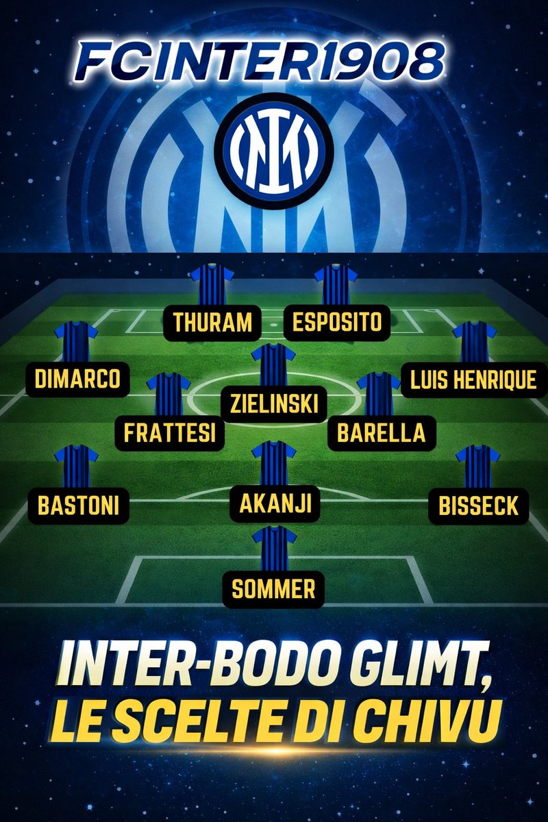 marifcinter's tweet image. INTER-BODO, LA FORMAZIONE UFFICIALE

Sommer, Bisseck, Akanji, Bastoni, Luis Henrique, Barella, Zielinski, Frattesi, Dimarco, Thuram, Esposito

@fcin1908it 

#UCL #ChampionsLeague #Fcinter1908