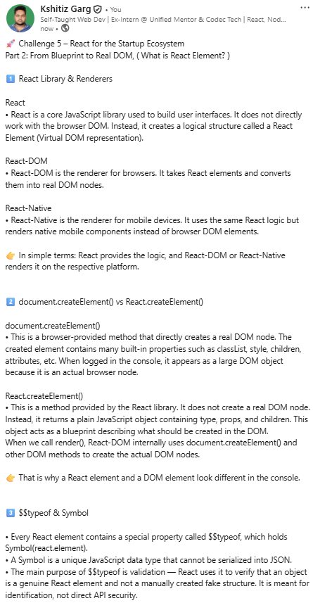 _Kshitiz_Garg_'s tweet photo. 🚀 Challenge 5 – React for the Startup Ecosystem
Part 2: From Blueprint to Real DOM, ( What is React Element? )
https://t.co/MeN5Su4NJD
#ReactJS  #JavaScript    #WebDevelopment  #Frontend #VirtualDOM  #StartupTech https://t.co/SgyYu1YrO3