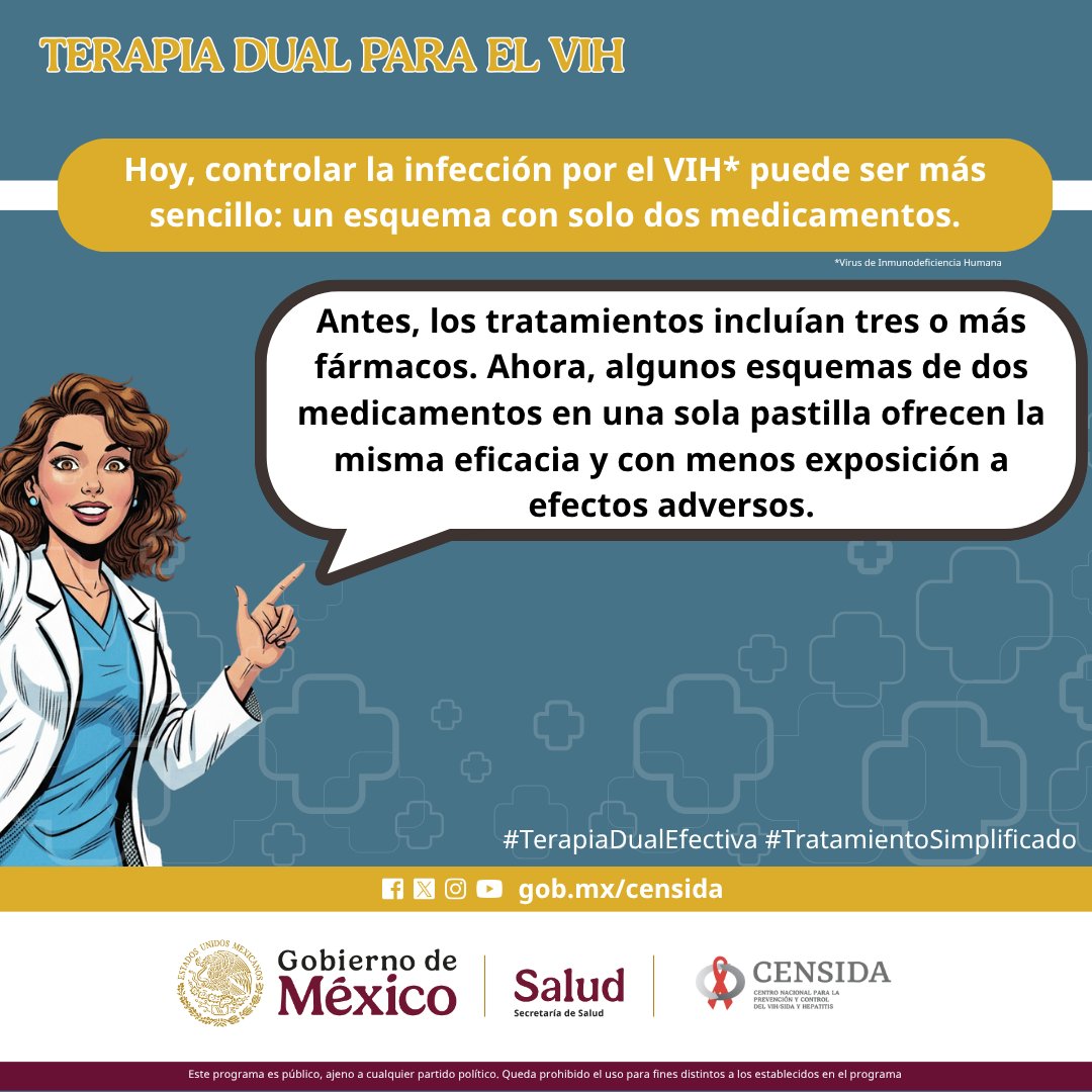 Los estudios muestran que la terapia dual ofrece una efectividad comparable a los tratamientos con 3 medicamentos, ayudando además a reducir posibles efectos secundarios 

Acércate con el personal médico para conocer más sobre estos esquemas de tratamiento

#TerapiaDualEfectiva