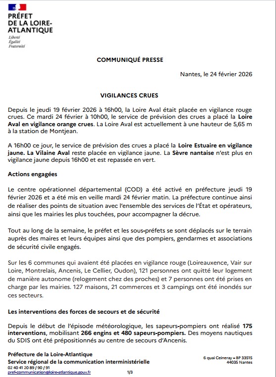 Prefet44's tweet photo. #VigilanceCrues | Le tronçon de la Loire aval est repassé en vigilance orange crues.
La Loire Estuaire en vigilance jaune. 
La Vilaine Aval reste placée en vigilance jaune. 
La Sèvre nantaise est repassée en vert. 
Retrouvez ci-dessous le dernier point sur la situation⬇️ https://t.co/PYvMKMTMDA