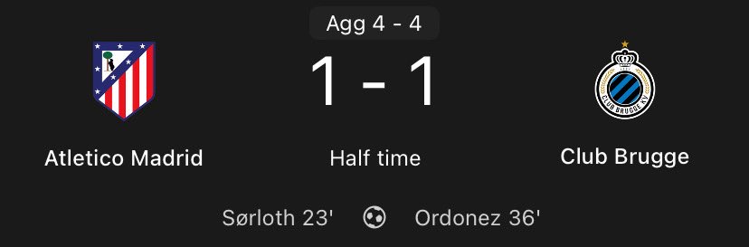 Halftime !

Club Brugge looks more threatening in terms of attacking than Atletico Madrid! 
They are more direct.

Sorloth and Ordonez scored for their teams, 4:4 on aggregate!

Intense game.🤯