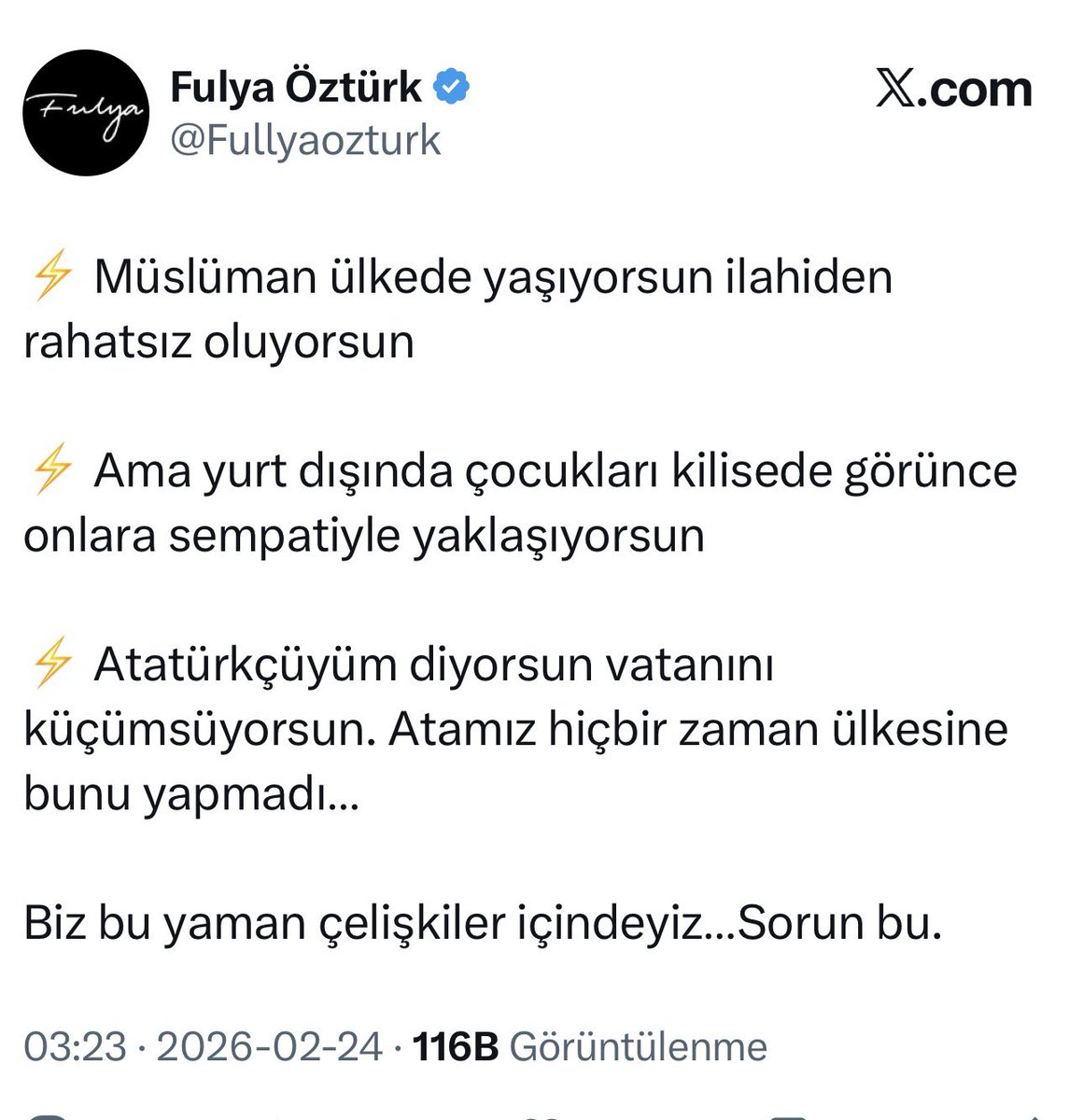 nazofcanad6e's tweet photo. Fulya! Kimse Müslümanlığa karşı değil. Ama devlet bir inancın temsilcisi değildir. Bunu hatırlatmak çelişki değil, anayasal SORUMLULUKTUR. @Fullyaozturk https://t.co/BAMUK7GJaK