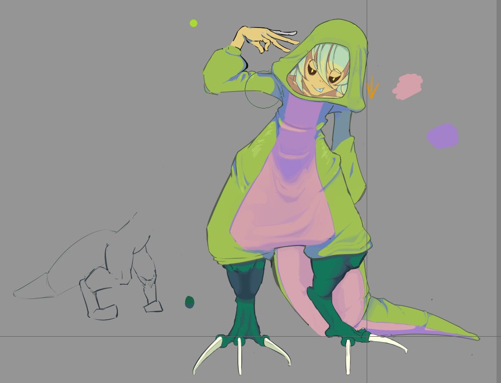 WitDaBlizzard's tweet photo. I'm trying to upgrade the Legs to appear more "dinosaur-like" and meaty. 

With the left leg I used dinosaur images which were limited so I went "Well the dinos are dead so ill just use birds as a reference, they're related anyways aren't they?" and now the two legs don't match.. https://t.co/vyAx8fgR6Q