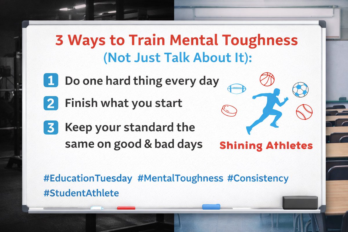 ShiningAthletes's tweet photo. 3 Ways to Train Mental Toughness (Not Just Talk About It):

1️⃣ Do one hard thing every day
2️⃣ Finish what you start
3️⃣ Keep your standard the 

Same on good &amp; bad days

— Shining Athletes

#EducationTuesday
#MentalToughness
#Consistency
#StudentAthlete https://t.co/RWtshzucMY