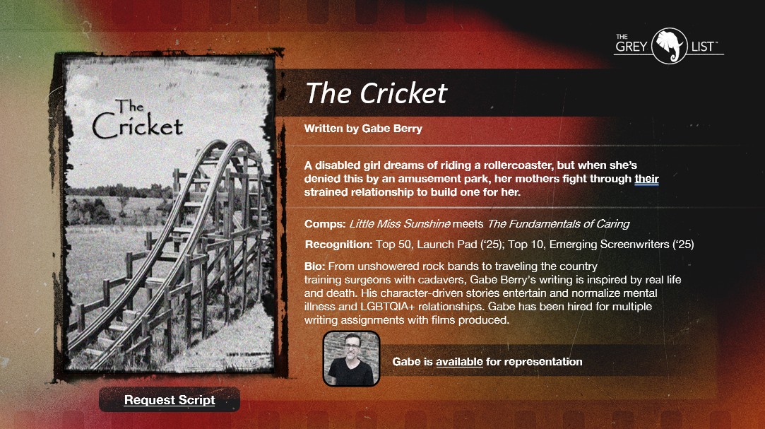 GabeBerryWriter's tweet image. I'm very grateful to be a part of The Grey List 2026! Congrats to all the great writers showcased. Thank you to @RWWFilm and the team for your efforts and support!

#TGL26 #screenwriting