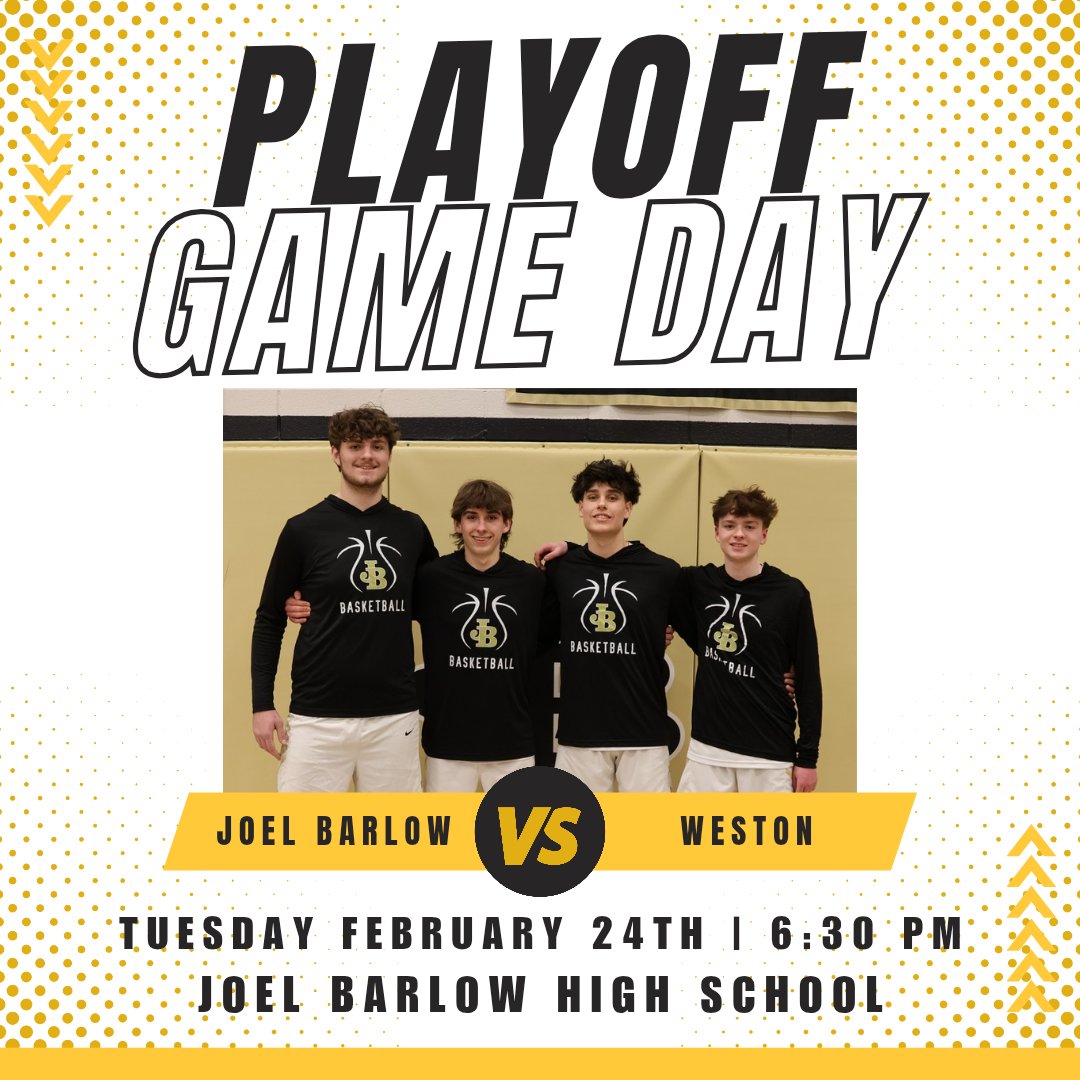 JoelBarlowBBall's tweet photo. 🚨 PLAYOFF GAMEDAY 🚨 

Joel Barlow takes on Weston at the Golden Dome for an SWC Playoff matchup! Come out support your Falcons!

V - 6:30 PM

Watch live on NFHS Network #ctbb https://t.co/YOiDYQ0ckG