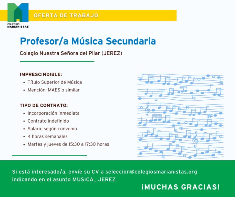 Oferta de #empleo: Profesor/a de Música (Colegio Nuestra Señora del Pilar - #Jerez de la Frontera)  emfocadiz.blogspot.com/2026/02/oferta…