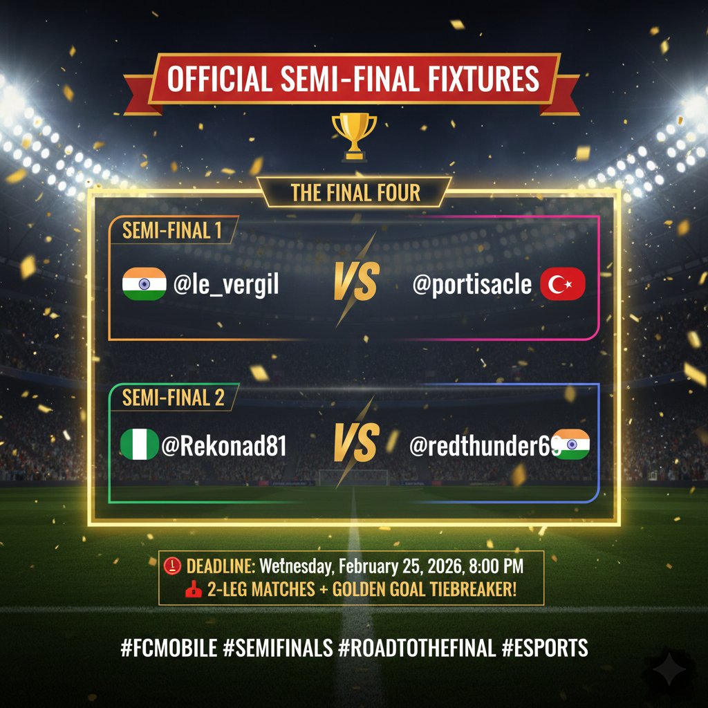 🏟️ SEMI-FINAL FIXTURES
Semi-Final 1 QF 1 vs QF 3 <a href="/le_vergil/">The_Corinthian</a> vs <a href="/portisacle/">portisacle</a> 🇮🇳 vs 🇹🇷
Semi-Final 2 QF 2 vs QF 4 <a href="/Rekonad81/">Rekonad</a> vs <a href="/redthunder699/">santa babu</a>