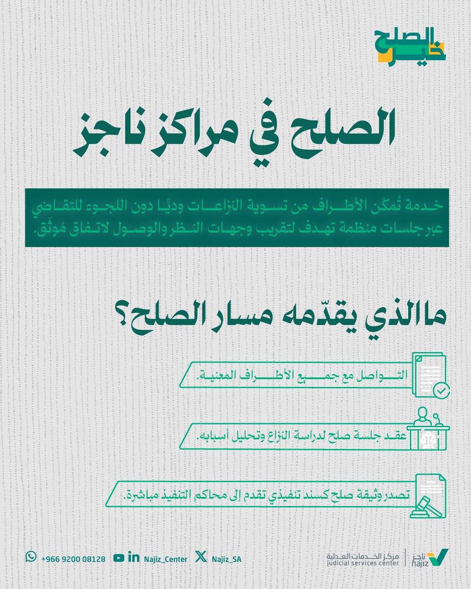 najiz_sa's tweet photo. في #مراكز_ناجز، الصلح خطوة تُنهي النزاع بوثيقة صلح قابلة للتنفيذ. https://t.co/NgGQMD1mlm