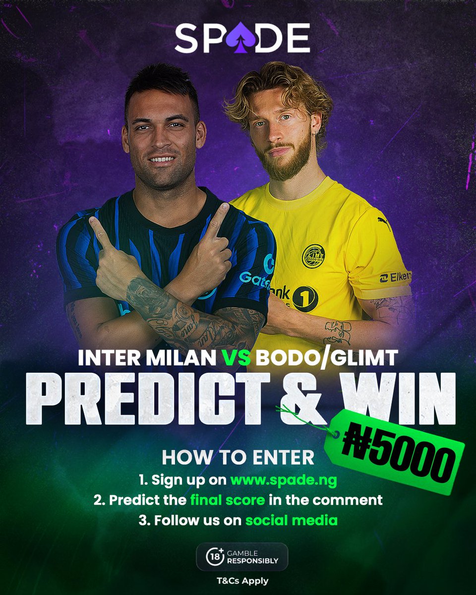 Inter 🆚 Bodo/Glimt 

Comment the exact final score for a chance to win ₦5,000 FREEBET

Sharp predictions only. No editing after kickoff