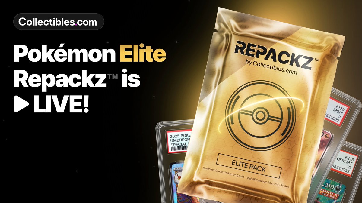 NEW Pokémon Elite Repackz⚡️

Our $250 Pokémon Elite Repackz just dropped:

💎 Top Hit: Valued at $4,200
🃏 The Vault: 700+ graded cards in the pool
🚀 Bonus: 3,600 XPR instantly added to your account per rip

Will you be the one to pull the $4k Pokémon? 👀